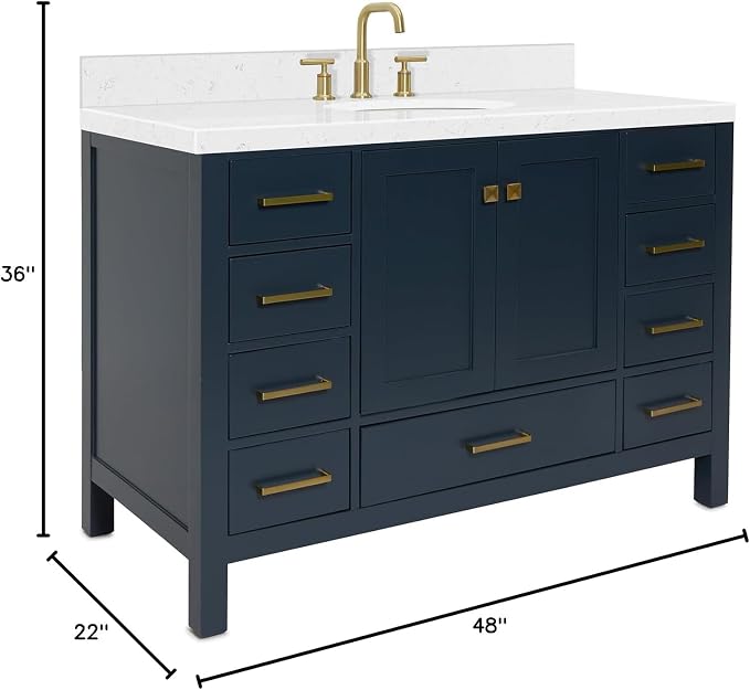 ARIEL Cambridge 48" Midnight Blue Bathroom Vanity, 1.5" Edge Carrara White - Image 3