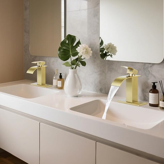 Bathroom Faucets Brushed Gold Waterfall Bathroom Sink Faucet Modern Single - Image 7
