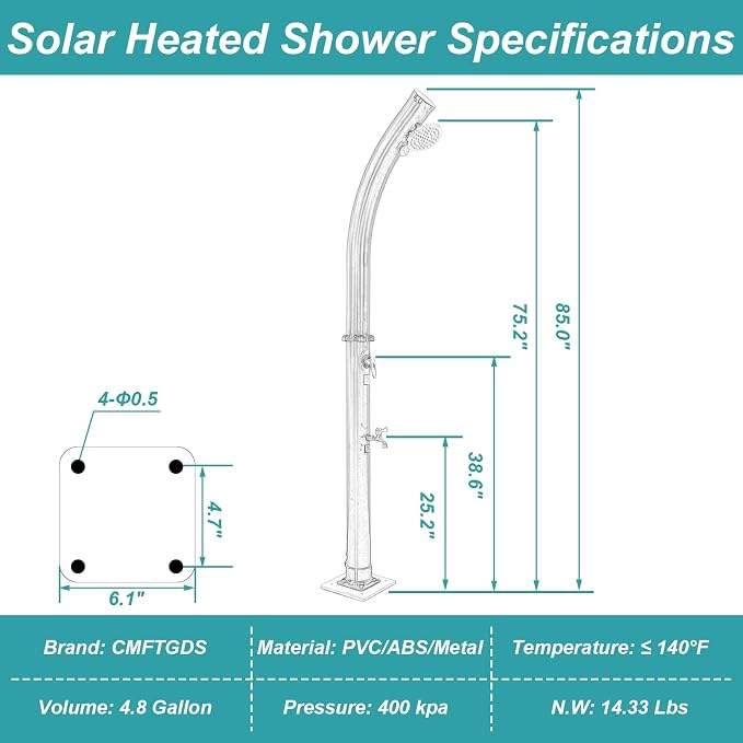4.8 Gallon Solar Heated Outdoor Shower, 7 FT Freestanding Outside Shower - Image 4