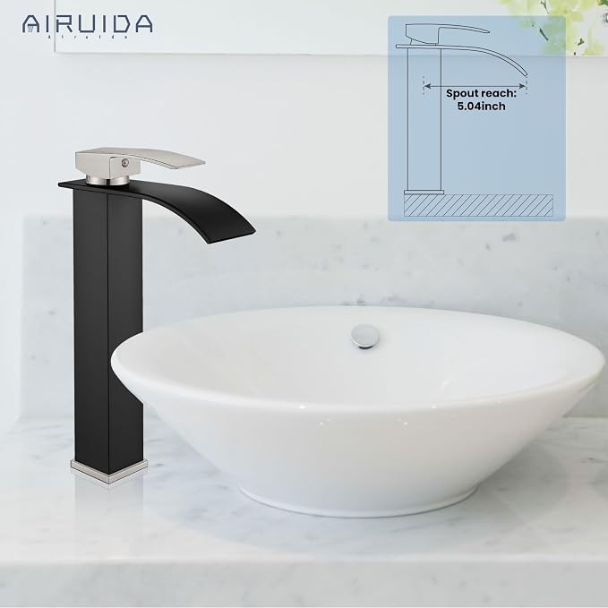Airuida Vessel Sink Faucet Tall Waterfall Bathroom Fixtures Matte Black&Brushed - Image 3