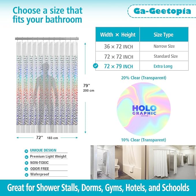 Ga-Geetopia Holographic Extra Long 3D EVA Shower Curtain Liner Water Cube - Image 2