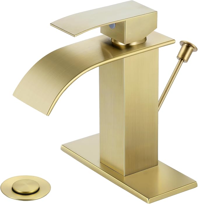 Bathroom Faucets with Lift Rod Drain Brushed Gold Waterfall Bathroom Sink by LUFG