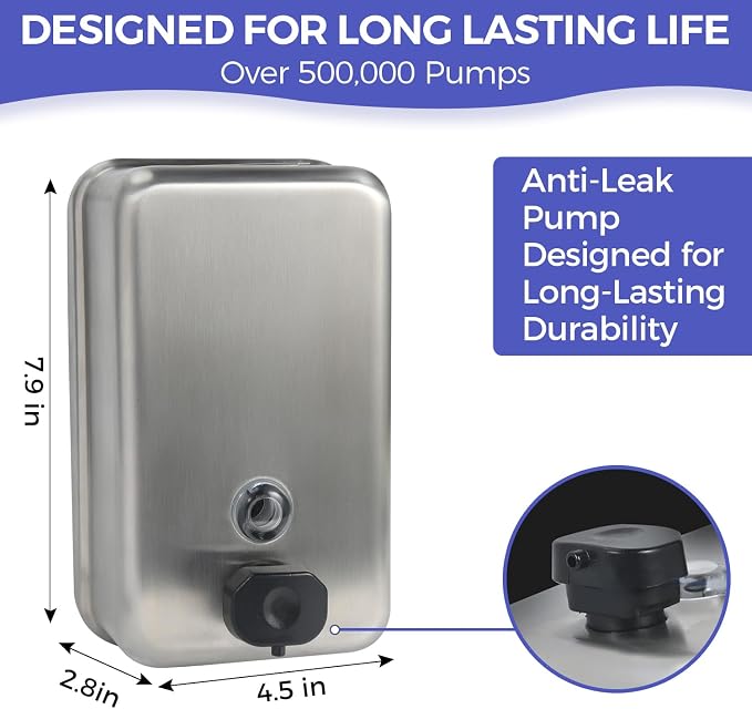 Heavy Duty Stainless Steel Wall Mount Soap Dispenser, 1100ml/37oz, - Image 3