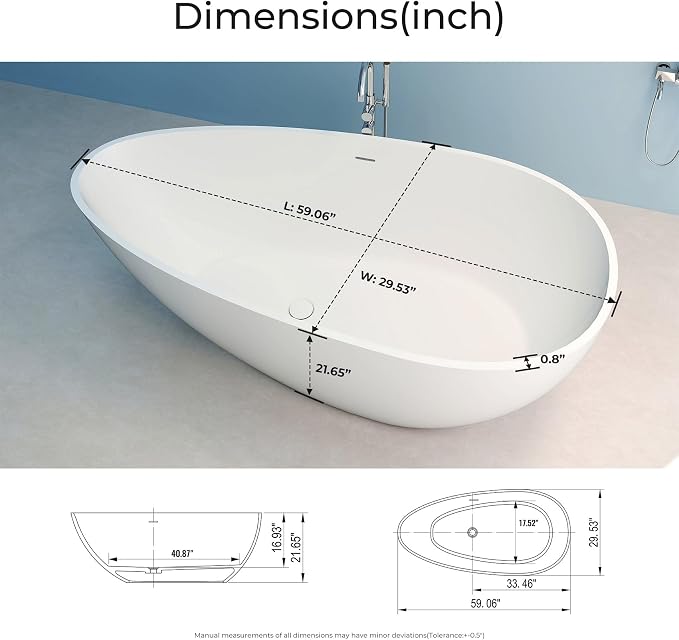 Premium 59" Solid Surface Freestanding Bathtub, Upgraded Oval Stone Resin Egg - Image 6