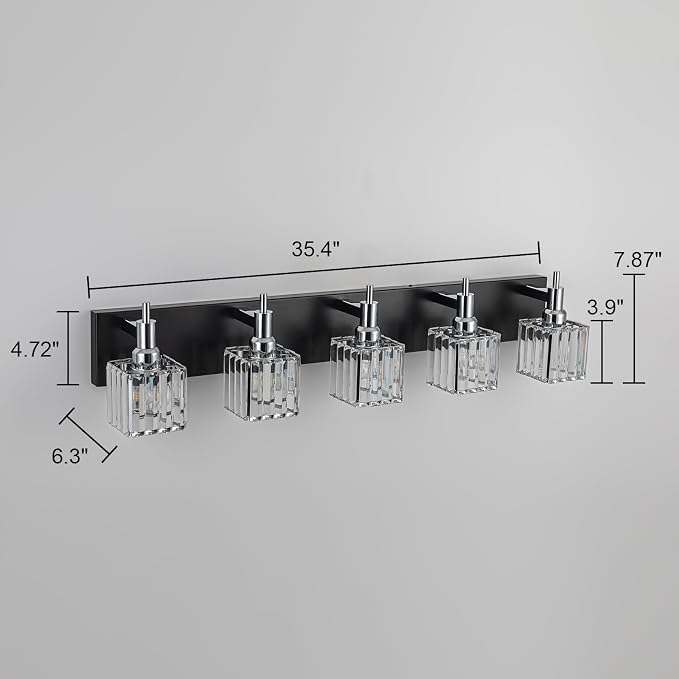 Black Chrome Bathroom Vanity Lights, 5 Lights Modern Crystal Bathroom Lighting - Image 2