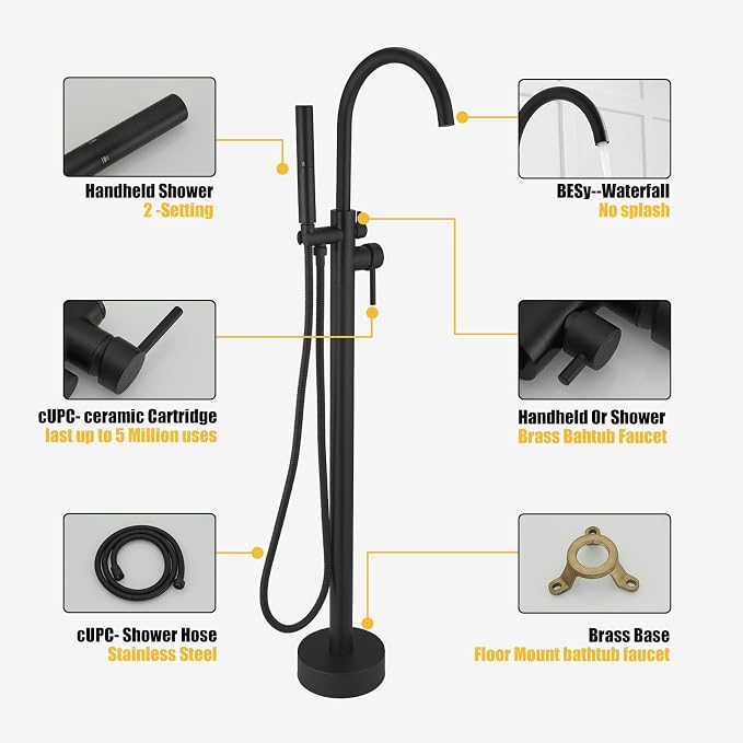 BESy Freestanding Bathtub Faucet Tub Filler Free Standing Floor Mount Stand - Image 3