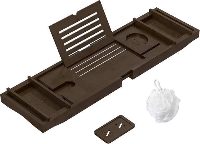 Bamboo Bathtub Tray for Luxury Bathroom, Expandable Premium Bath Tray w/Soap by ZHUOYUE