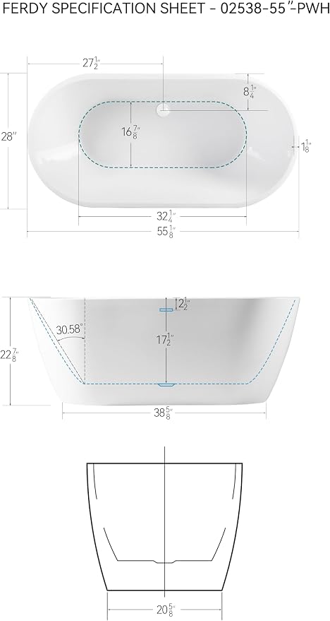 FerdY Bali 55" Freestanding Bathtub, Glossy White Freestanding soaking tub - Image 7