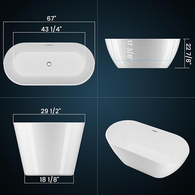 67 in Acrylic Freestanding Bathtub, Contemporary Stand Alone Tub, Glossy White - Image 3