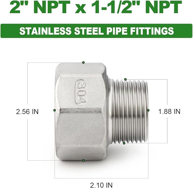 TAISHER 1PCS 304 Stainless Steel Pipe Fitting, 1-1/2" NPT Male x 2" NPT Female - Image 2