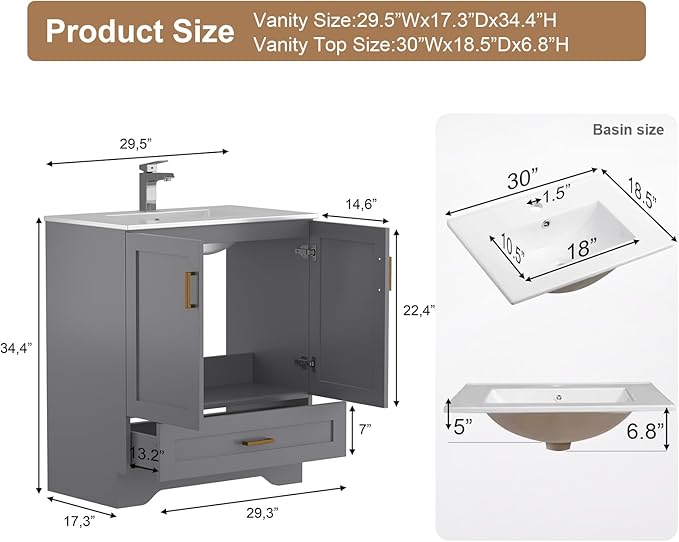 30 inch Bathroom Vanity with Sink, Modern White Vanity - Image 2
