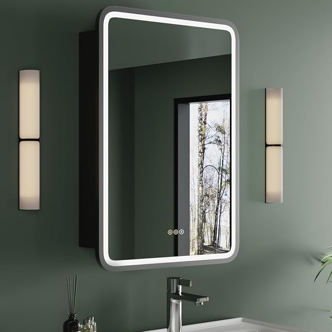 Medicine Cabinet with LED Lights and Mirror, 16 x 28 Inch Wall or Recessed by HBEZON