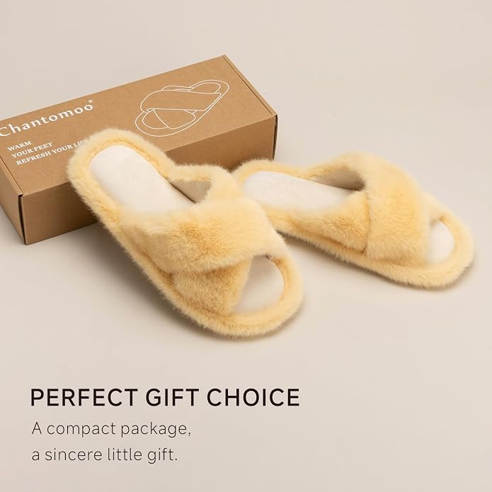 Chantomoo Womens Slippers Memory Foam Fuzzy Cross Band Faux Fur Slippers - Image 4