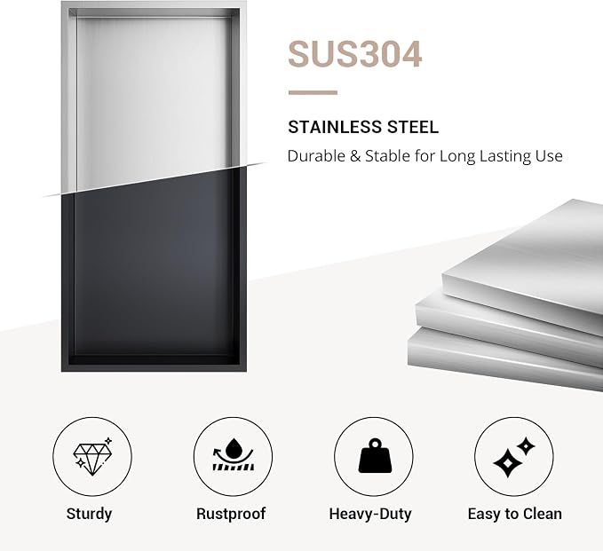 Shower Niche 12x24, Matte Black, No Tile Needed 304 Stainless Steel Recessed - Image 5