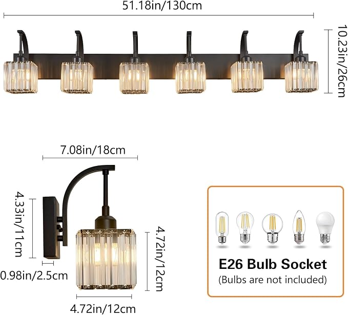 Crystal Vanity Lights 6-Light Black Bathroom Vanity Lights Modern Crystal - Image 4