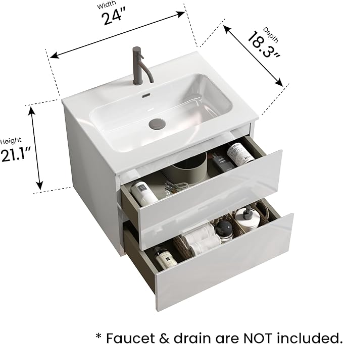 24" Bathroom Vanity with Sink, Modern Floating Vanity with Double Soft Closing - Image 2