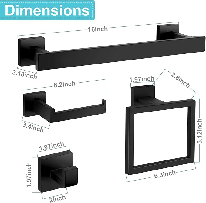 16 in Matte Black Bathroom Accessories Set, Bath Towel Bar Set, Stainless Steel - Image 5