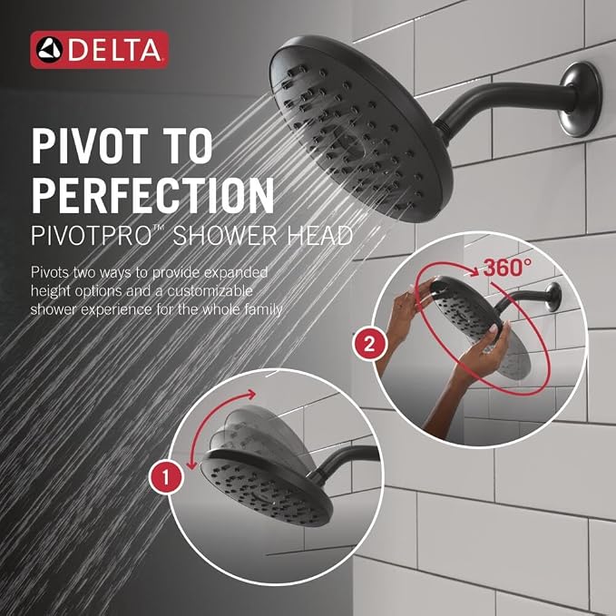 Delta PivotPro Matte Black Rain Showerhead, Single Setting 7 Inch Round Shower - Image 2