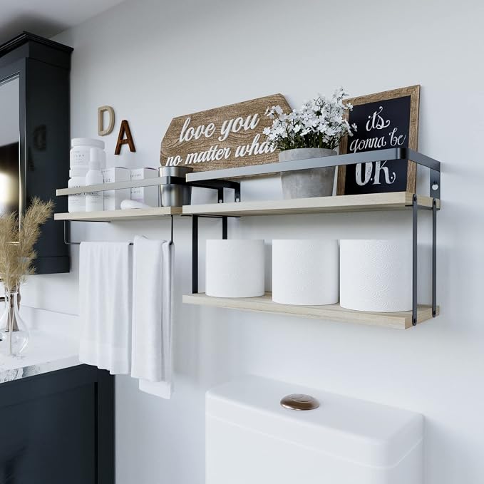 RICHER HOUSE 2+1 Tier Wall Mounted Floating Shelves Set of 2, Rustic Wood Wall - Image 4