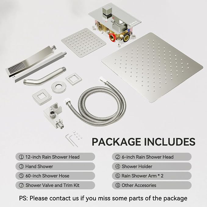 Rain Shower System Brushed Nickel, STARBATH 12+6" Dual Shower Head - Image 8
