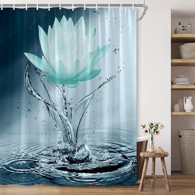 Lotus Shower Curtain Black White Teal Flower Elegant Blooming Floral - Image 4