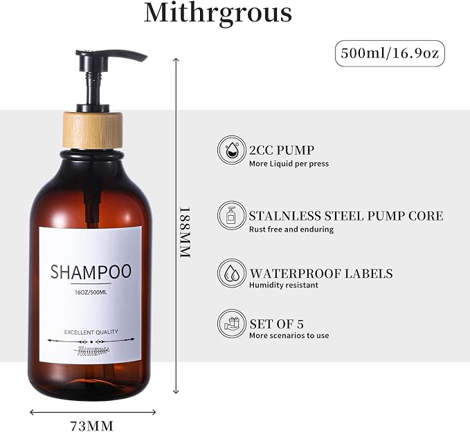 Shampoo and Conditioner Dispenser, 16.9oz Pump Bottles, Amber Shampoo Containers - Image 5