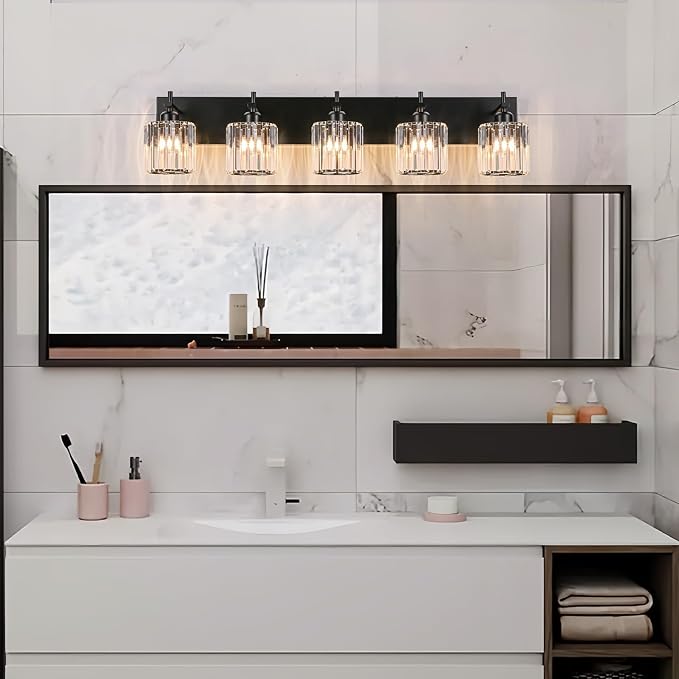 Black Crystal Bathroom Vanity Lights, Modern 5-Lights Bathroom Lighting - Image 6