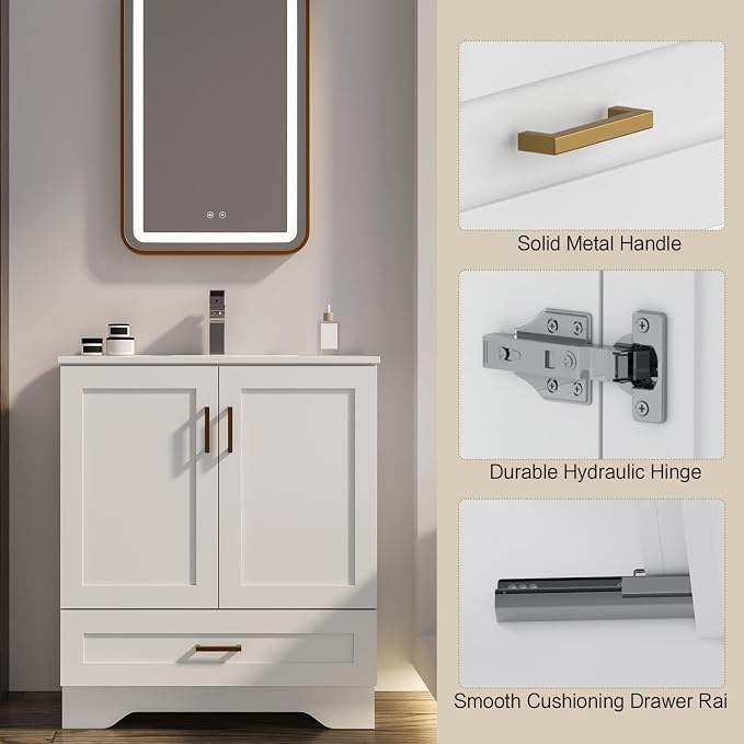 30 inch Bathroom Vanity with Sink, Modern White Vanity - Image 3