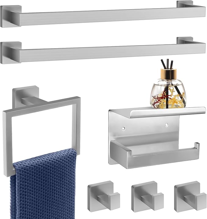 7-Piece Bathroom Hardware Set Brushed Nickel Towel Bar Set by Dorudonatrox