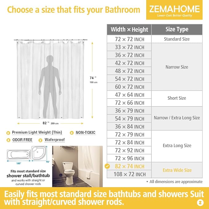 Extra Large Size PEVA Plastic Shower Curtain Liner Premium Light Weight 82" x - Image 2
