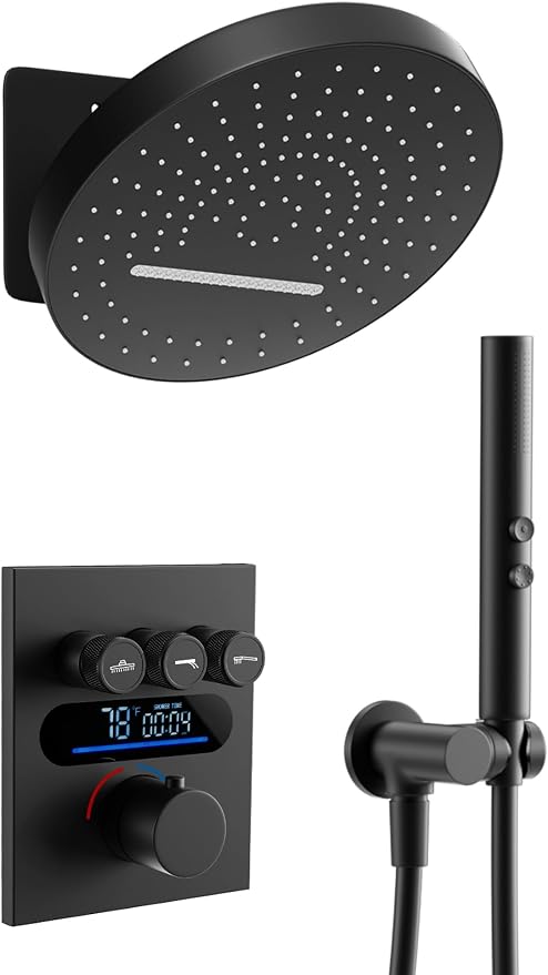 Lefton Shower System in Fahrenheit Display, 13” Overhead Round Rainfall Shower by LeftonSanitary
