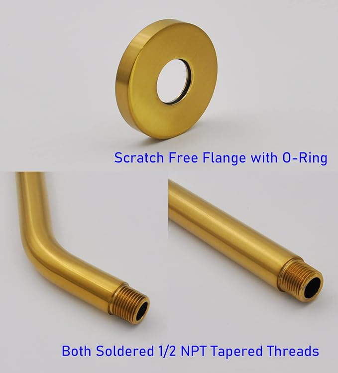Aquaiaw Shower Arm and O-Ring Flange, 8 inch, Solid Brass, Brushed Gold - Image 4
