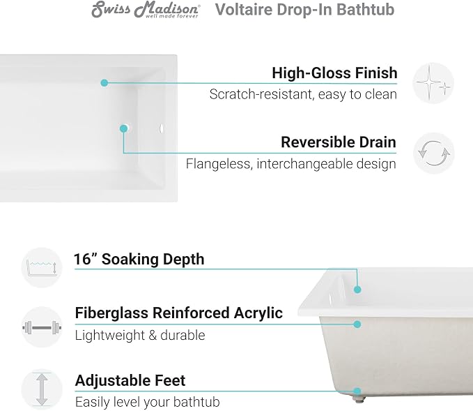 Swiss Madison Well Made Forever SM-DB570, Voltaire 60"x36" Acrylic Drop-in - Image 5