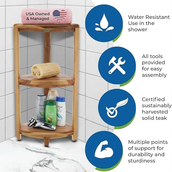 EcoDecors SnazzyCorner Natural Teak Corner Shower 3 Tier Shelf – Bathroom - Image 3