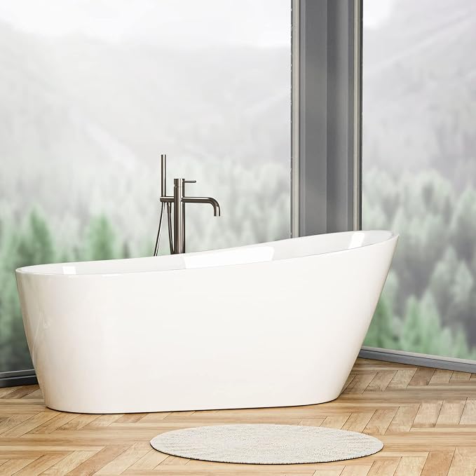 55 Inch Acrylic Freestanding Bathtub, Glossy White Contemporary Soaking Tub by Zevemomo