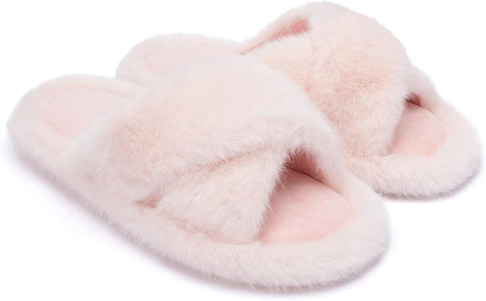 Chantomoo Womens Slippers Memory Foam Fuzzy Cross Band Faux Fur Slippers by Chantomoo
