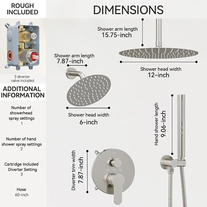 Shower Systems Shower Faucet Sets STARBATH 3 Way 12+6" Round Dual Rainfall - Image 4