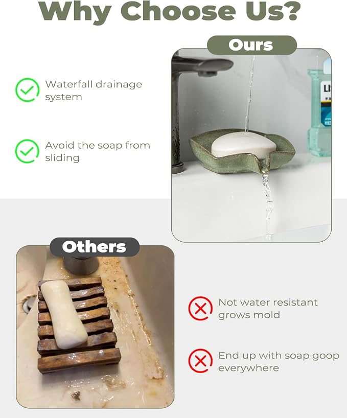 Self Draining Soap Dish, Ceramic Drain Soap Holder Waterfall Design Soap Saver - Image 5