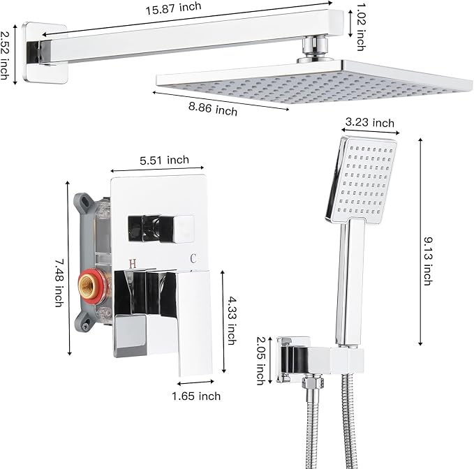 BWE Chrome Shower Faucet Set, Rainfall Shower Head - Image 7