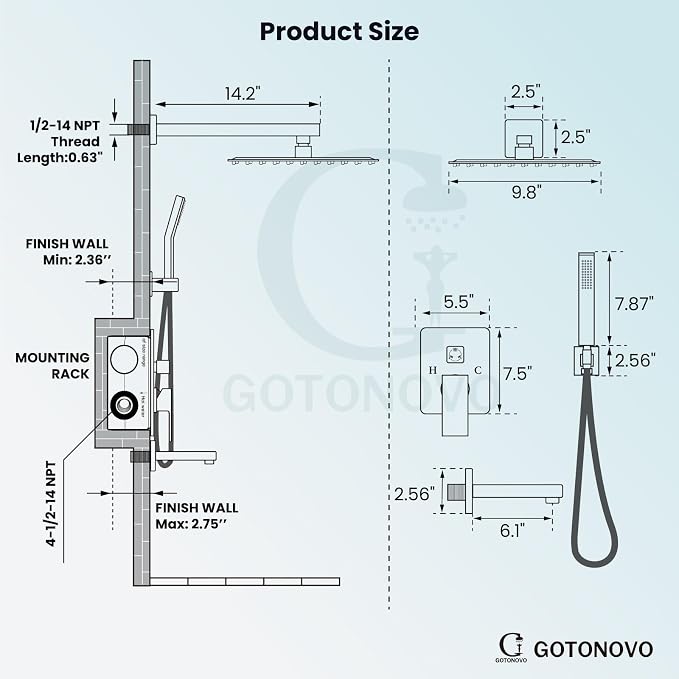 gotonovo Shower System with Tub Spout Wall Mounted Rain Shower Head and Handle - Image 4