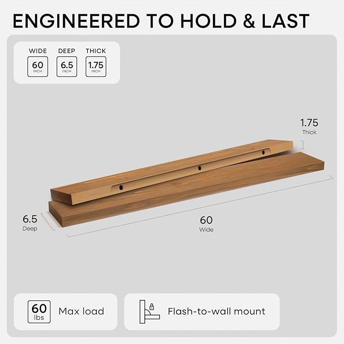 Homeforia 60 inch Golden Oak Floating Shelf, High End Solid Real Wood 60inch - Image 2