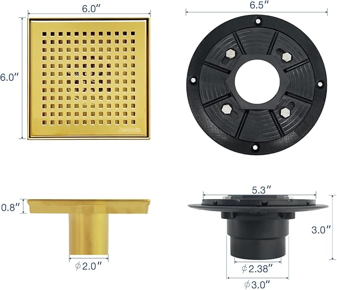 Neodrain 6 in Brushed Brass Square Shower Drain - Image 5