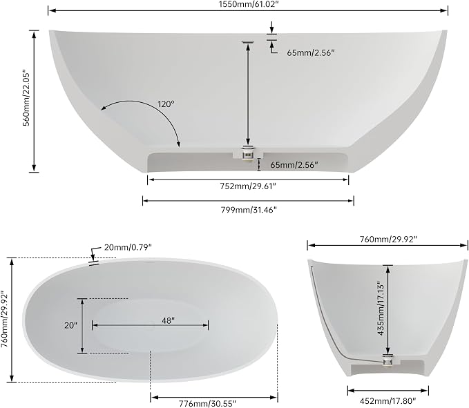 SJ STAR&JANE 61" Solid Surface Freestanding Bathtub, Oval Soaking Tub - Image 9
