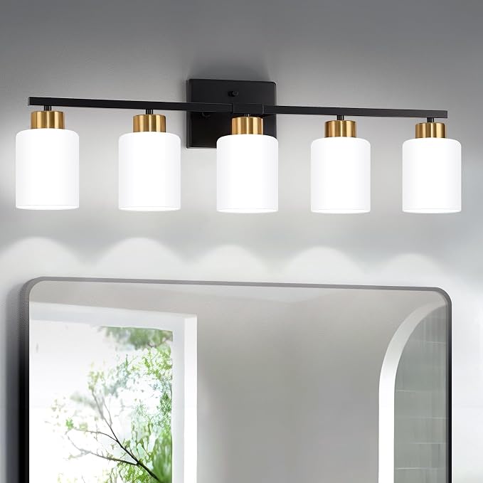 Black and Gold Bathroom Light Fixtures, 5-Light Modern Vanity Light Over Mirror by FonmYim