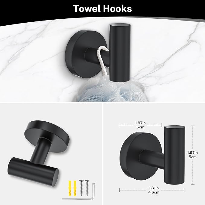 4-Piece Matte Black Bathroom Hardware Accessories Set, Robe Hooks, Stainless - Image 3