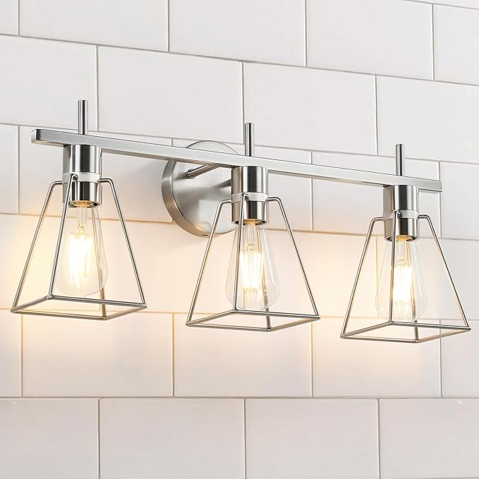 Industrial Bathroom Vanity Lights: 3-Lights Silver Brushed Nickel Vintage Metal by HAHZT