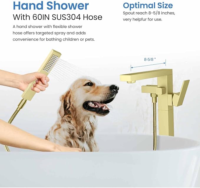 KIBI Cube Brushed Gold Freestanding Bathtub Faucet ‑ Floor‑Mounted Brass Tub - Image 7