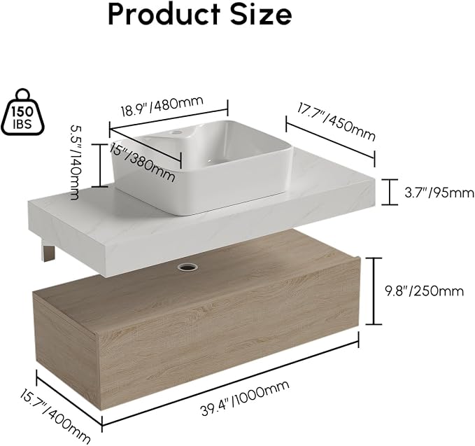 40" Floating Bathroom Vanity, Wall-Mounted Storage Cabinet Single Piece Set - Image 2