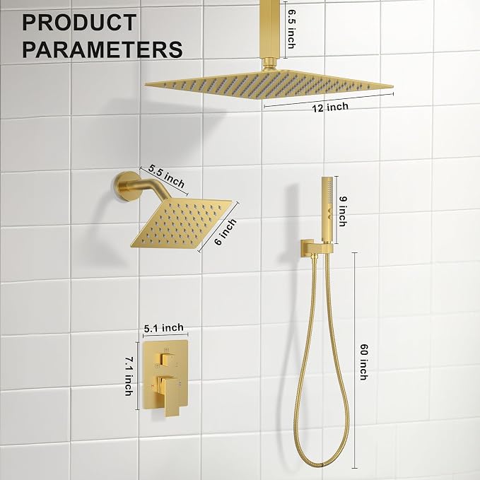 Shower Faucet Set, Ceiling Mount Rainfall Shower Head System 12" + 6" Dual Rain - Image 6