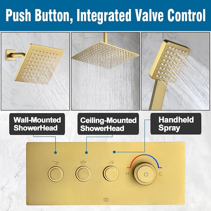 POP SANITARYWARE Brushed Gold Shower Faucet Set, Push Button Diverter Shower - Image 5